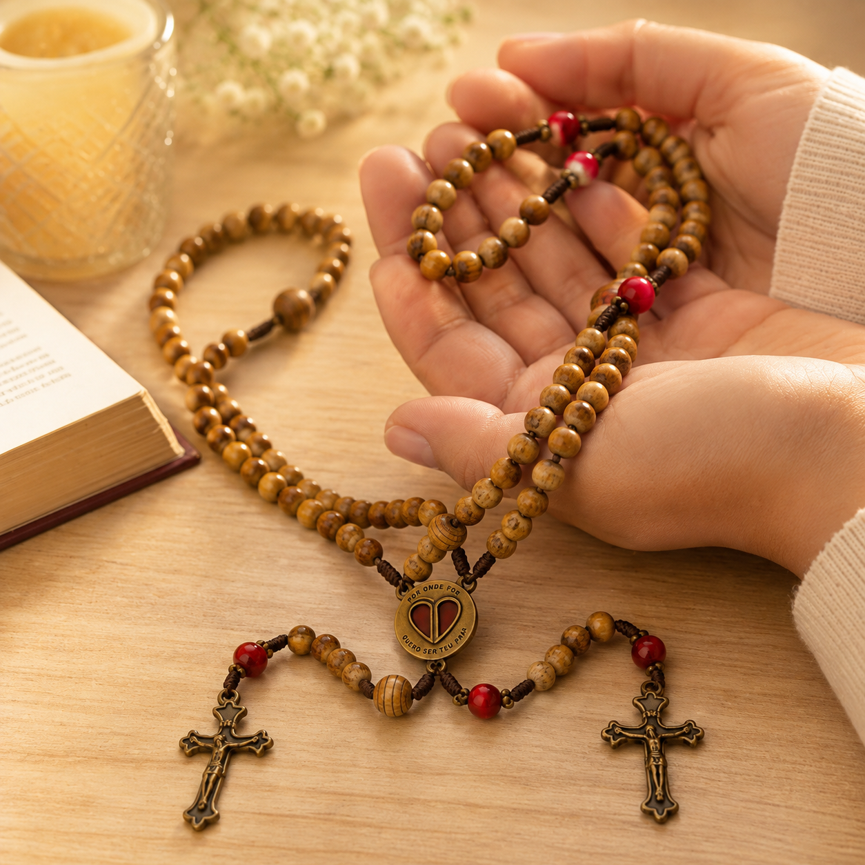 Mãos segurando os dois terços de madeira com entremeio em coração, ao lado de uma Bíblia e uma vela acesa